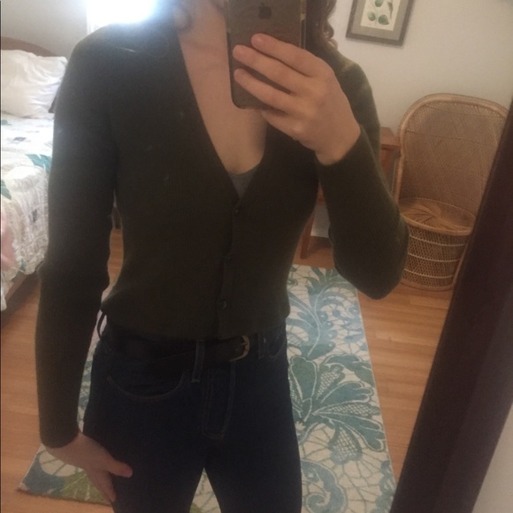 Olive Green Cropped Merino Cardigan - Picture 2 of 3